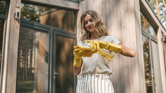 Femme nettoyant une porte